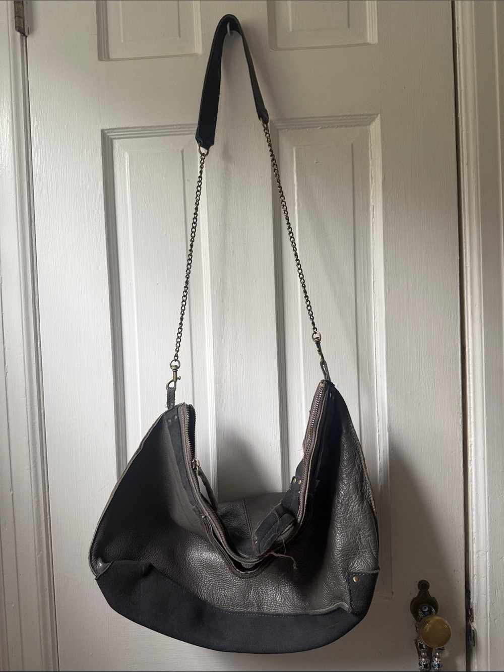 Spacious Rustic Gray Shoulder Hobo Bag with Chain Accent